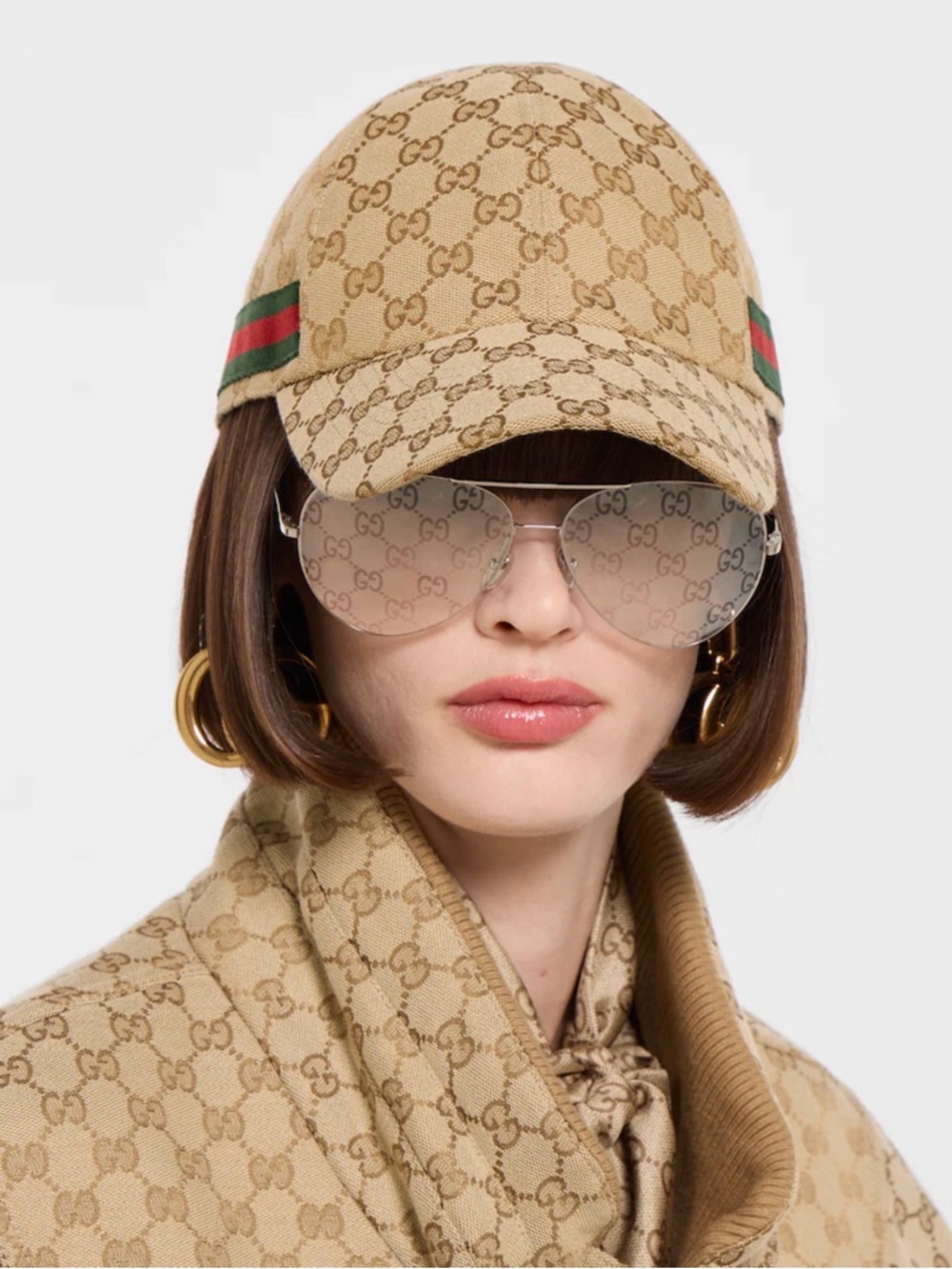 Gucci Beige GG Supreme Baseball Cap with Green-Red Web